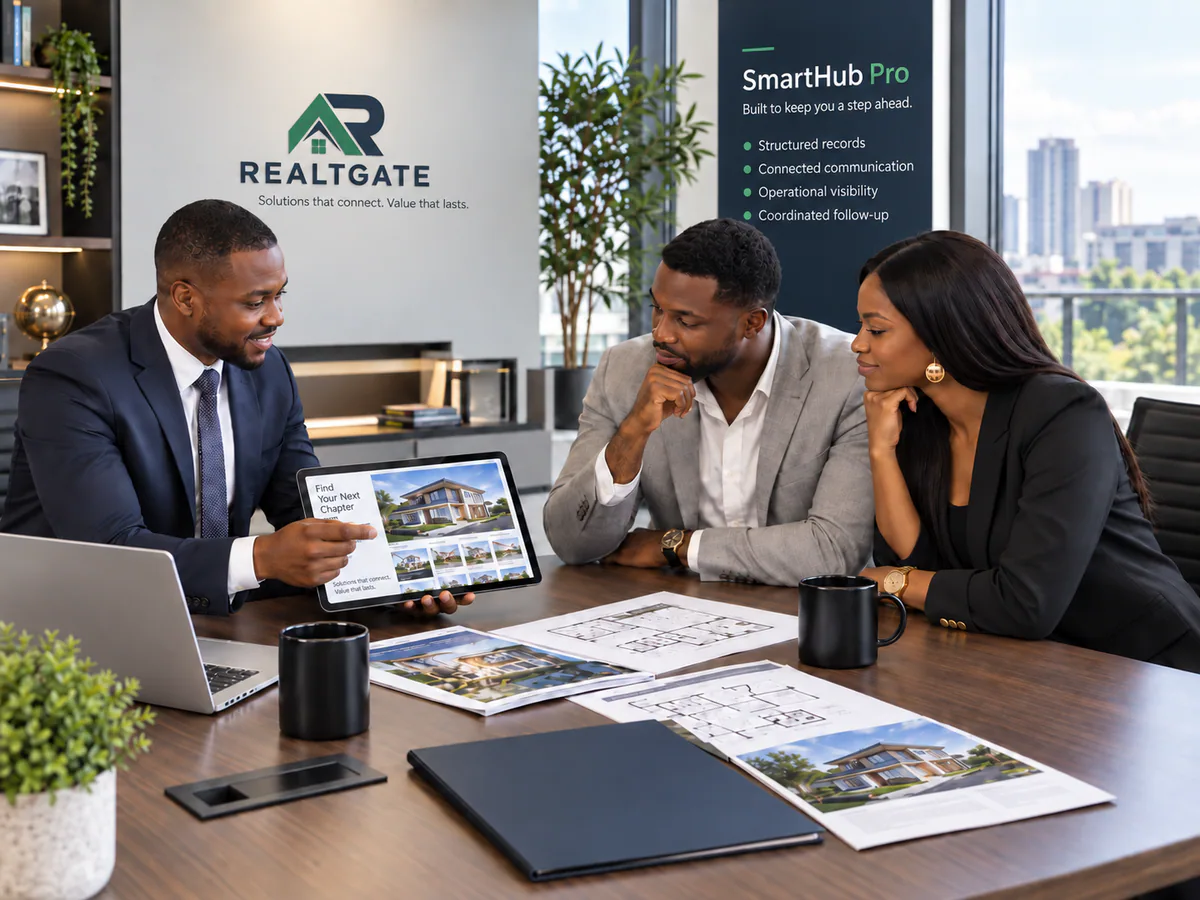 Prospective buyers reviewing property opportunities with a Realtgate adviser.