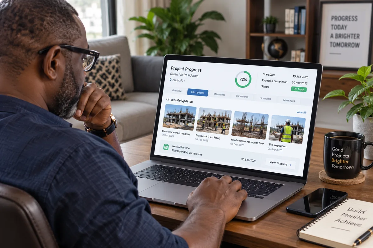 Project client reviewing recorded site evidence and progress from a connected workspace.