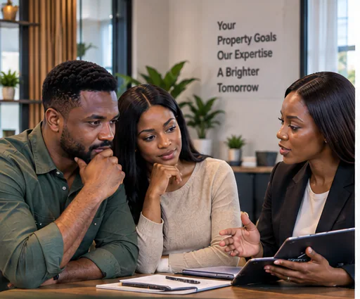 Prospective buyers discussing their property requirements with a Realtgate adviser.