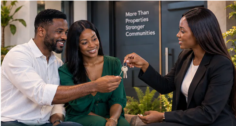 Buyers receiving property keys from a Realtgate adviser during a coordinated handover.
