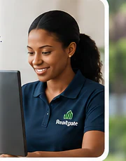 Realtgate property-management representative coordinating from a laptop.